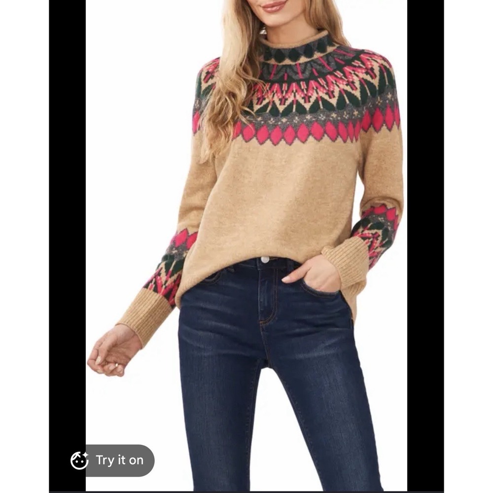 Cece Fairisle Funnel Neck Sweater Size XS Latte Heather Green Pink Pullover NWT